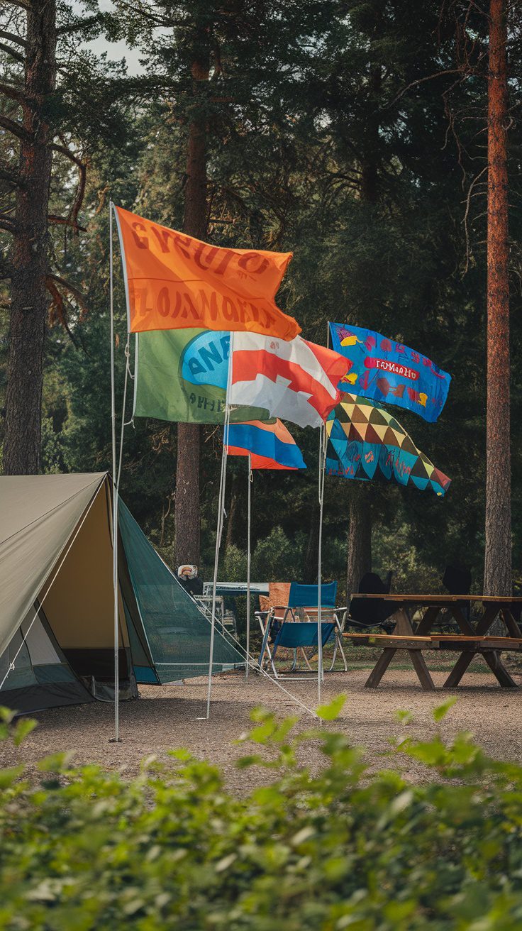 Colorful camping flags displaying various designs at a campsite with a tent and chairs