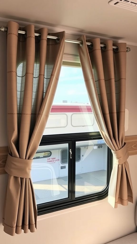 Chic curtains in an RV window, showcasing a cozy interior.