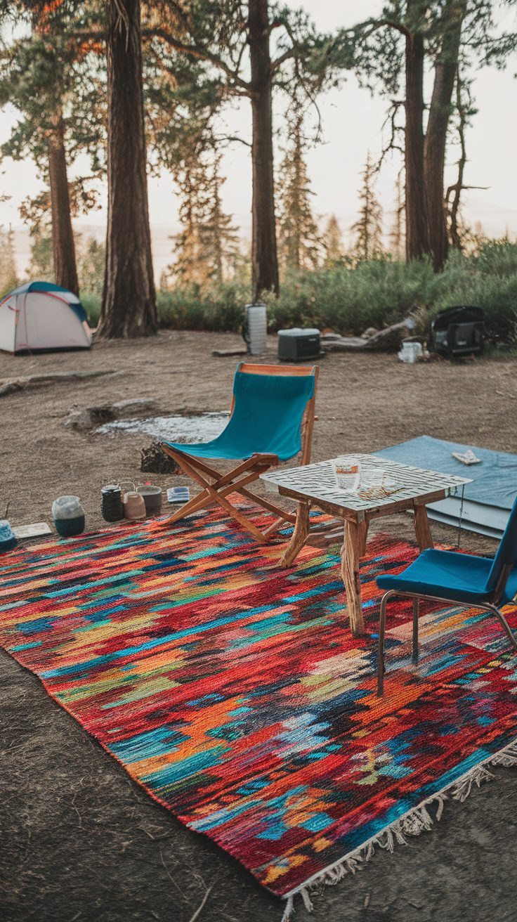 Colorful outdoor rug in a campsite with chairs and a table