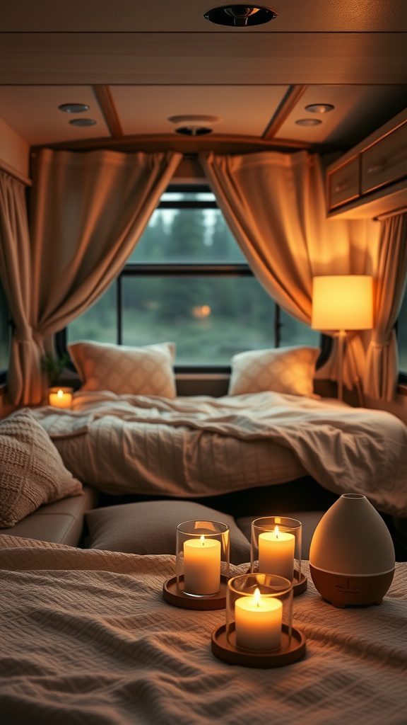Cozy RV bedroom with candles and an essential oil diffuser, creating a warm atmosphere.