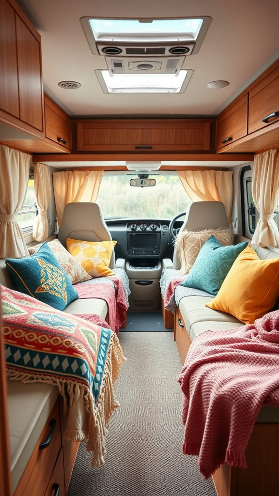 Cozy RV interior decorated with colorful pillows and throws, creating a welcoming atmosphere.