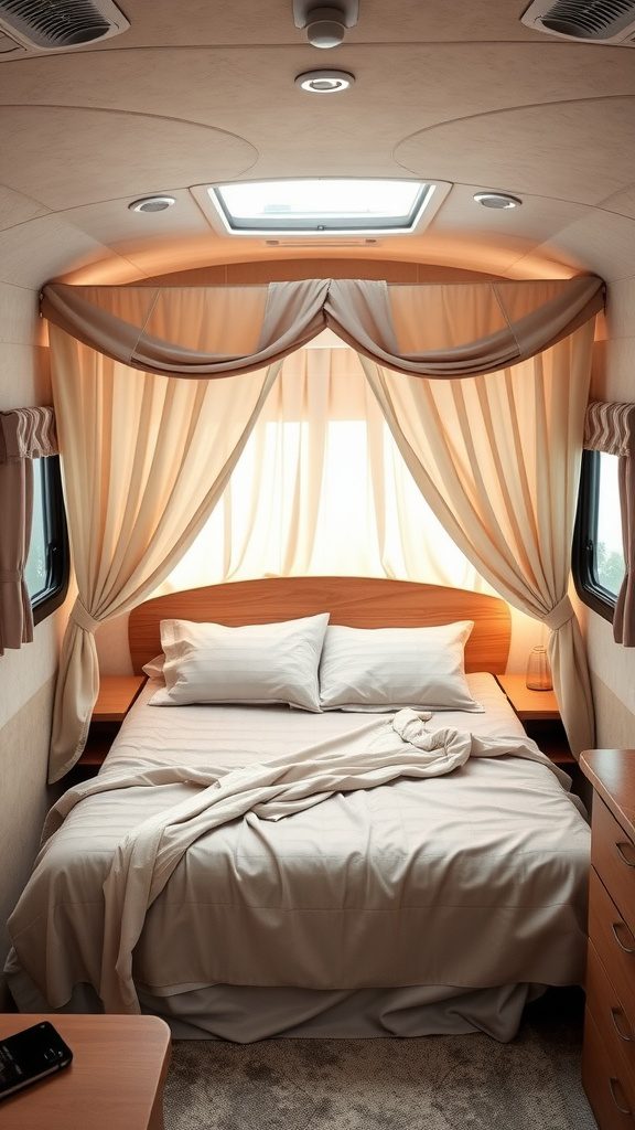 Cozy RV bedroom with a soft bed canopy and elegant curtains.