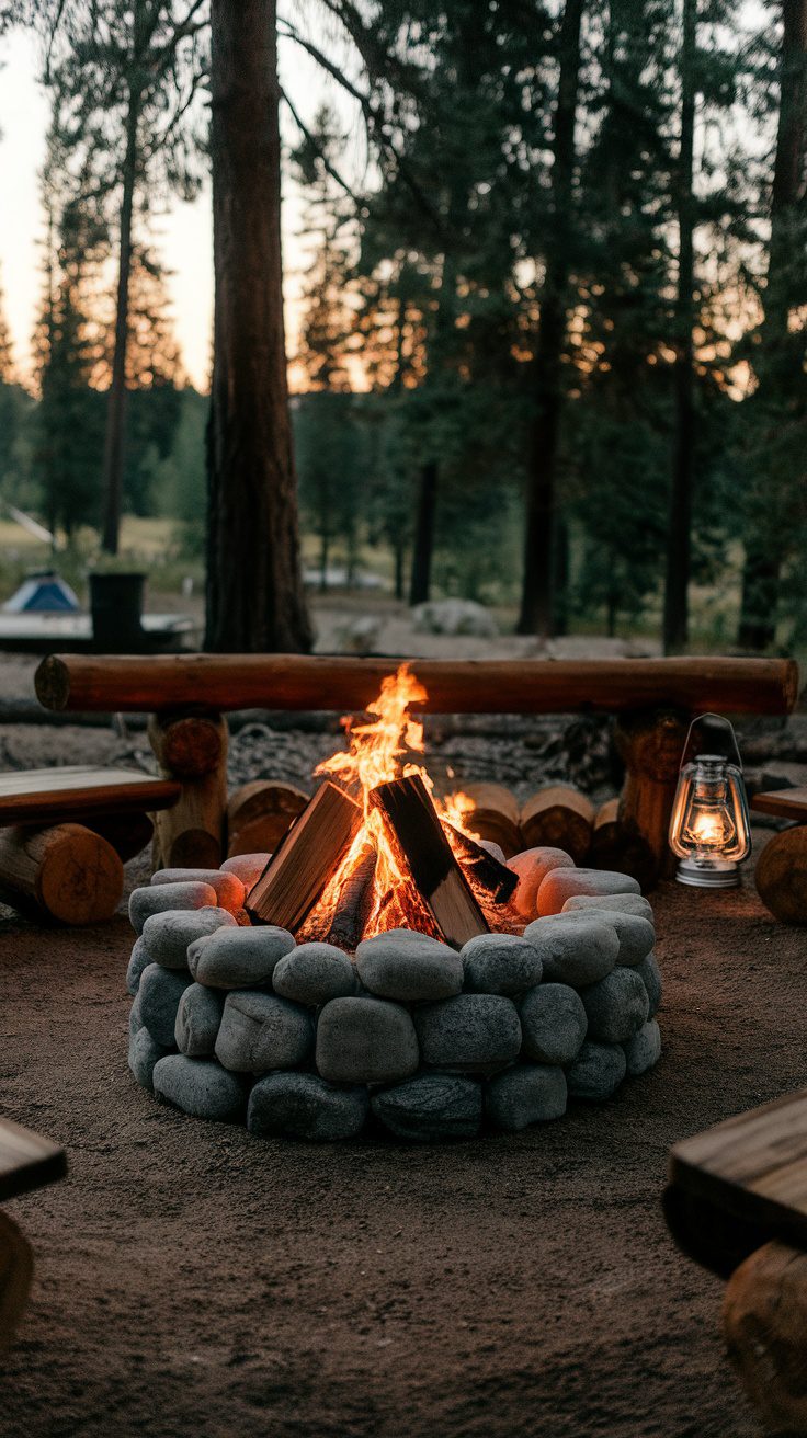 A cozy stone fire pit in a forested area with logs for seating and a lantern beside it, illuminated by the glow of flames.