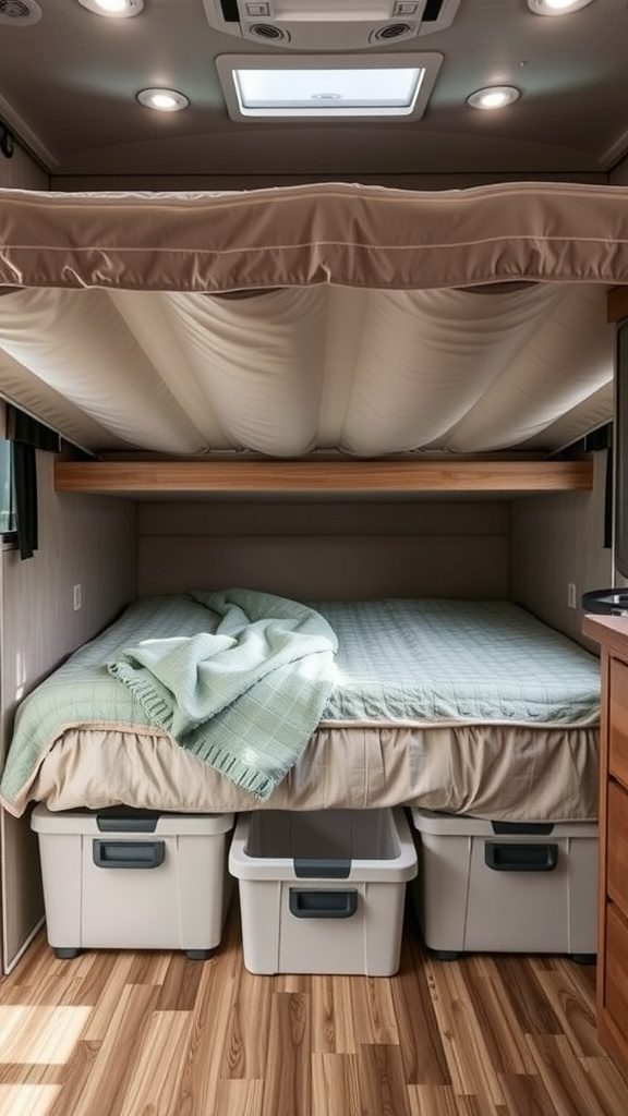 A cozy RV bedroom with an elevated bed, revealing storage containers underneath.