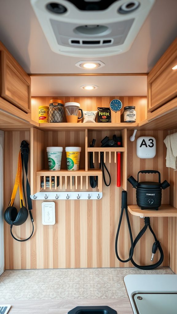 A well-organized wall in a camper featuring wooden shelves, hooks, and colorful containers.
