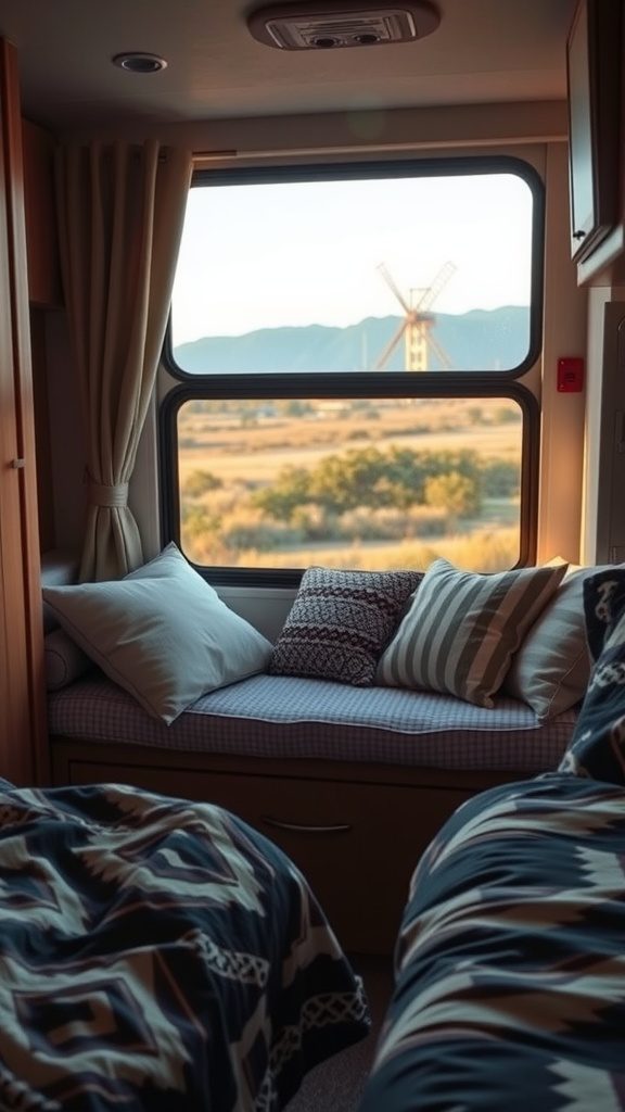 Cozy window seat in an RV with cushions and a scenic view