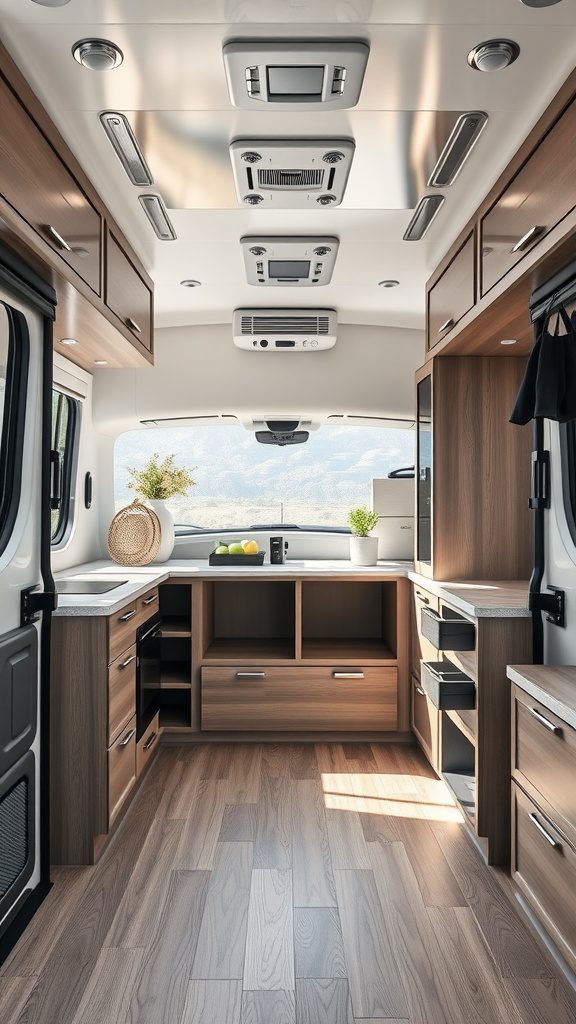 Interior view of a modern RV with wooden cabinets and modular storage units