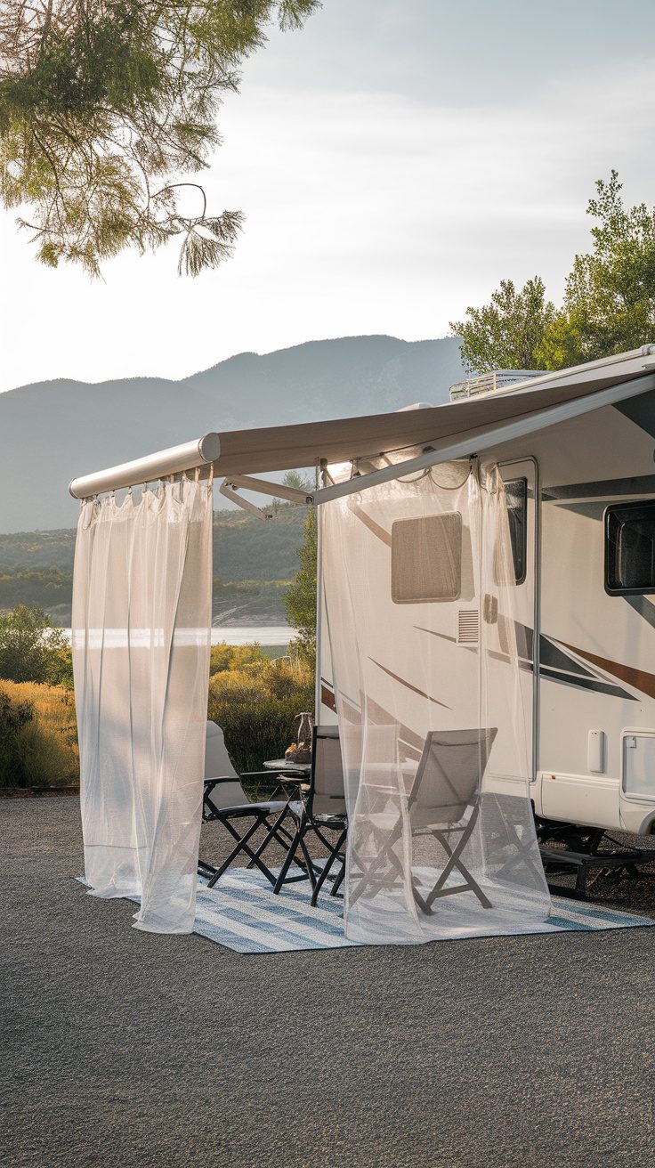 Outdoor RV with decorative sheer curtains providing privacy