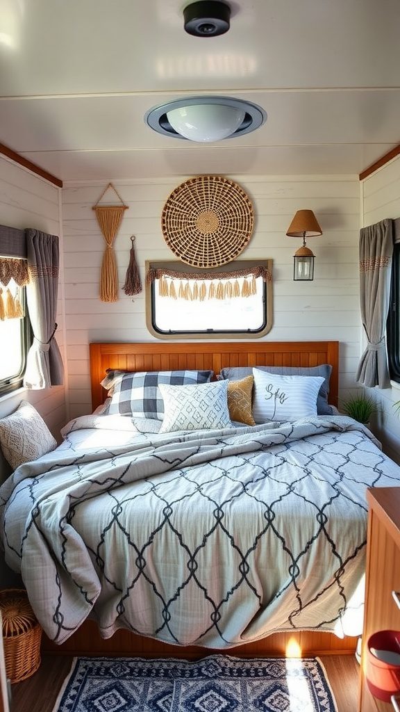 Cozy RV bedroom featuring layered bedding, decorative pillows, and woven wall art