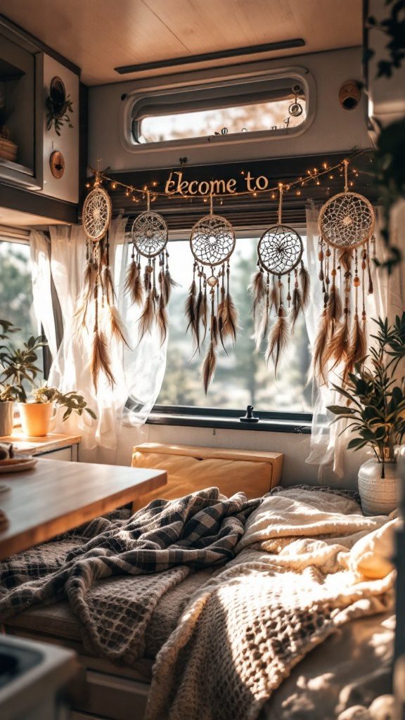 Cozy RV interior featuring dreamcatchers as wall decor
