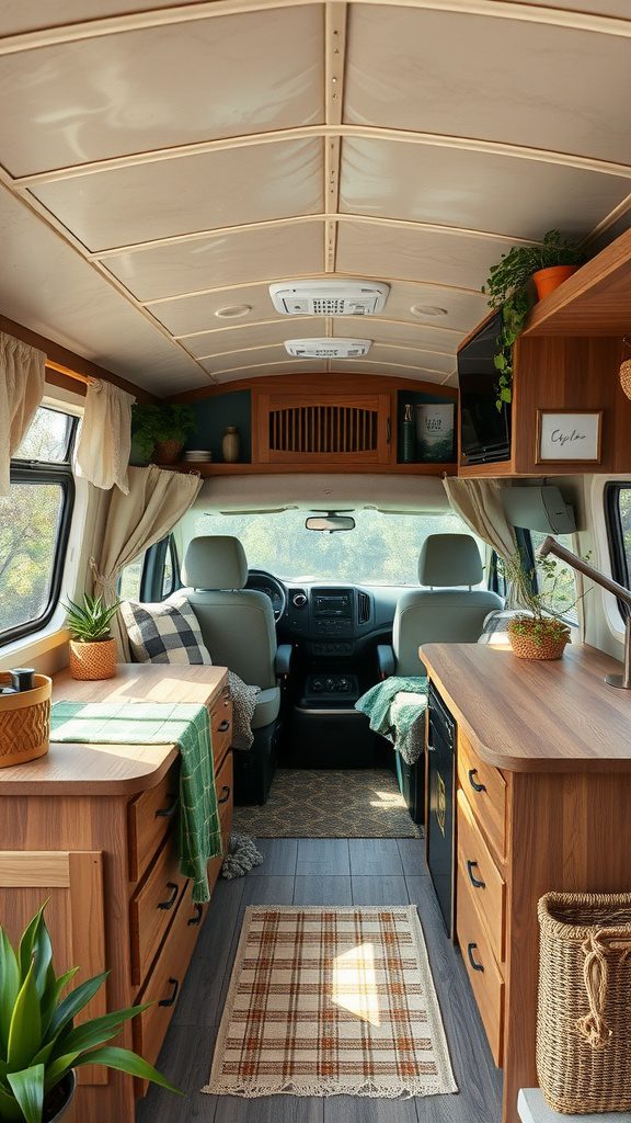 A tidy camper interior featuring natural wood finishes, plants, and organized storage.