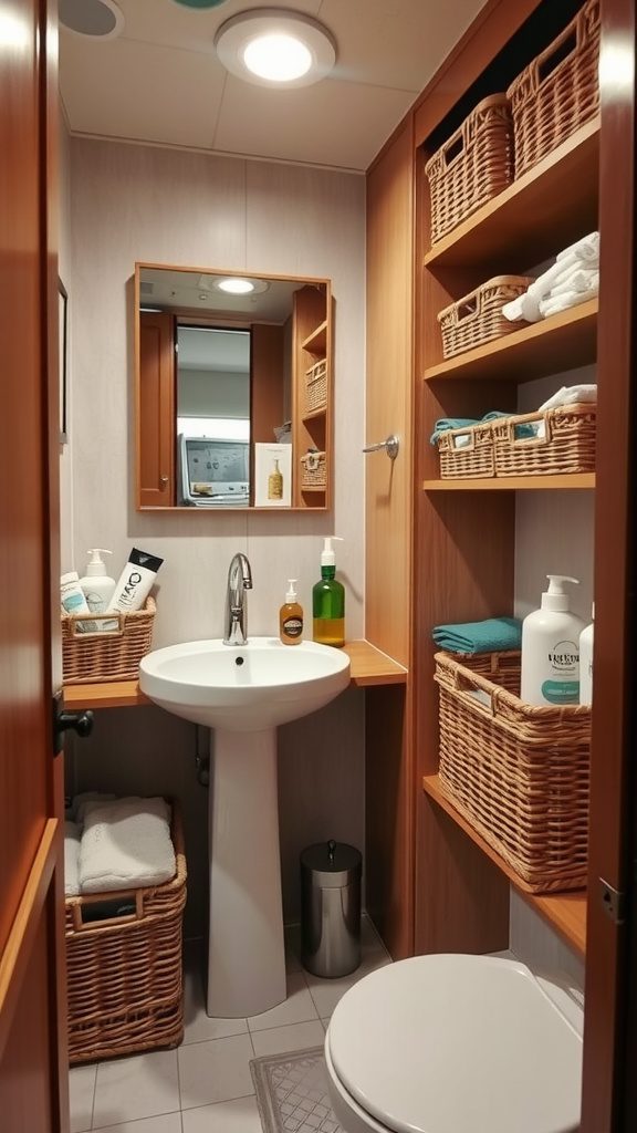 Neatly organized RV bathroom with shelves, baskets, and a clean sink area.