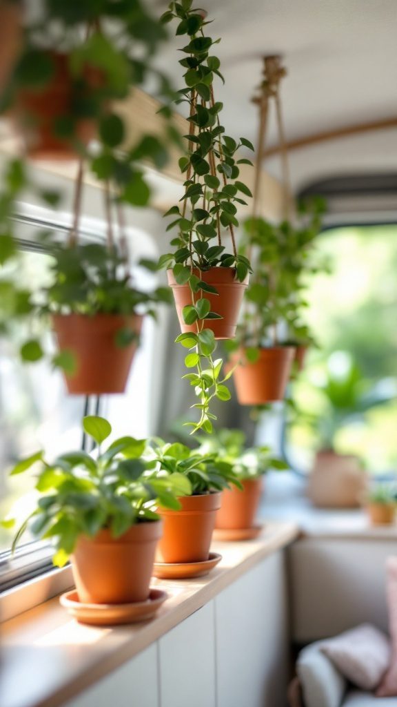 Hanging and potted plants in a cozy RV interior