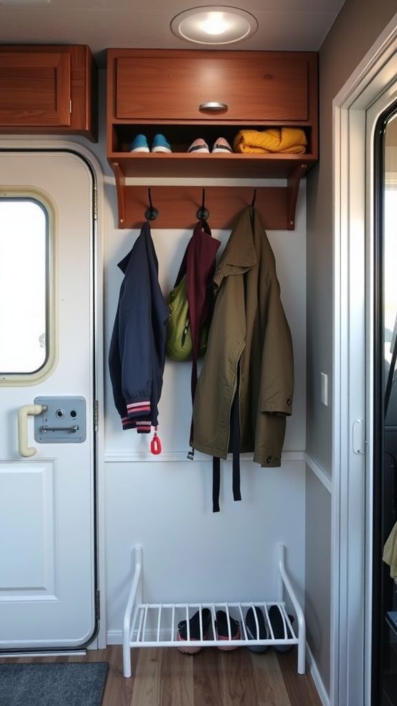 A tidy camper entryway featuring a shoe shelf, jacket hooks, and overhead storage.