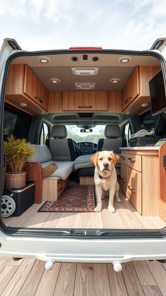 A well-decorated RV interior with a golden retriever dog sitting at the entrance, showcasing a cozy and organized space.
