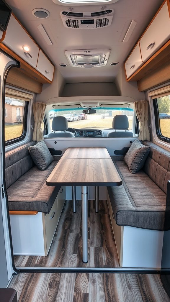 Interior of a camper with space-saving furniture including a table and seating with storage