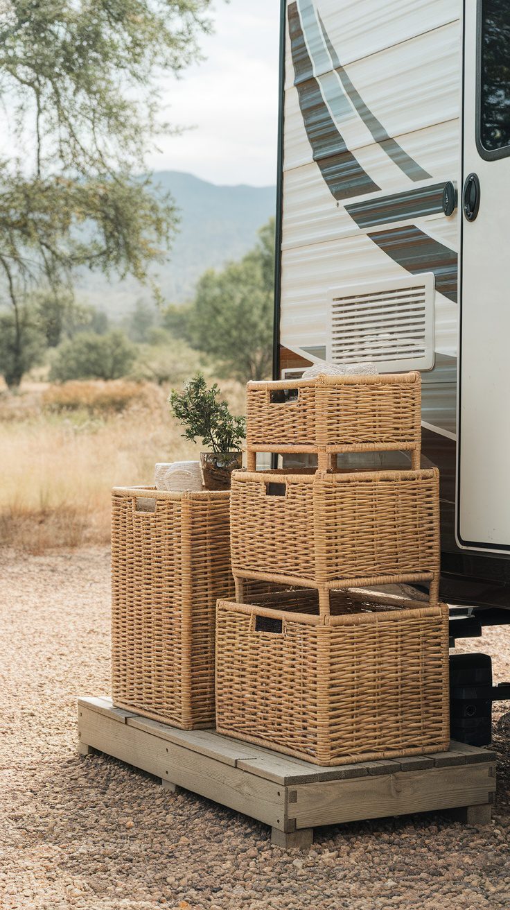 Stacked woven baskets on a wooden platform beside an RV