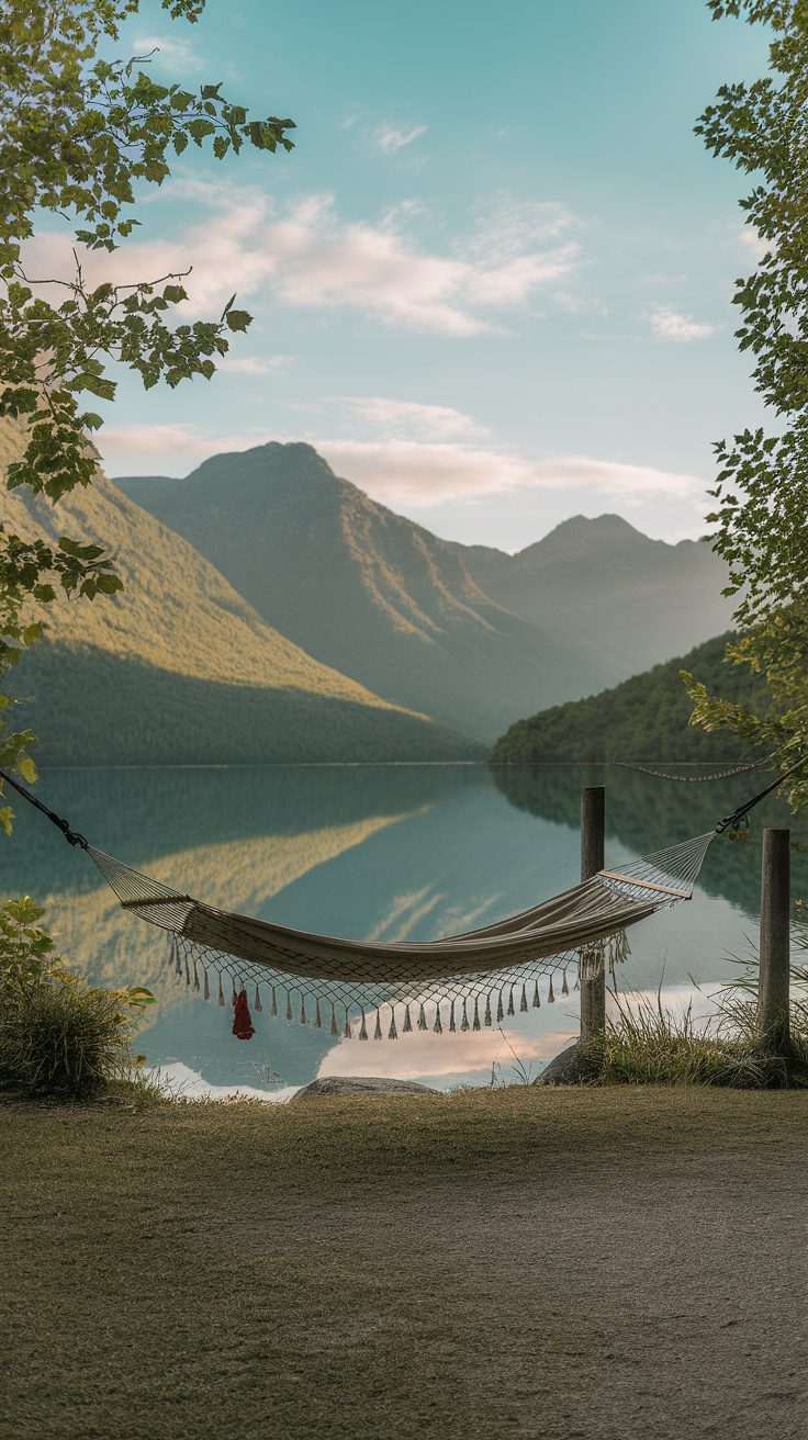 A hammock set up by a serene lake with mountains in the background, surrounded by trees.