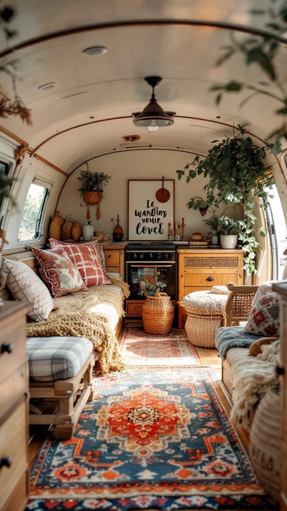 Cozy RV interior featuring handcrafted wooden furniture and boho chic decor