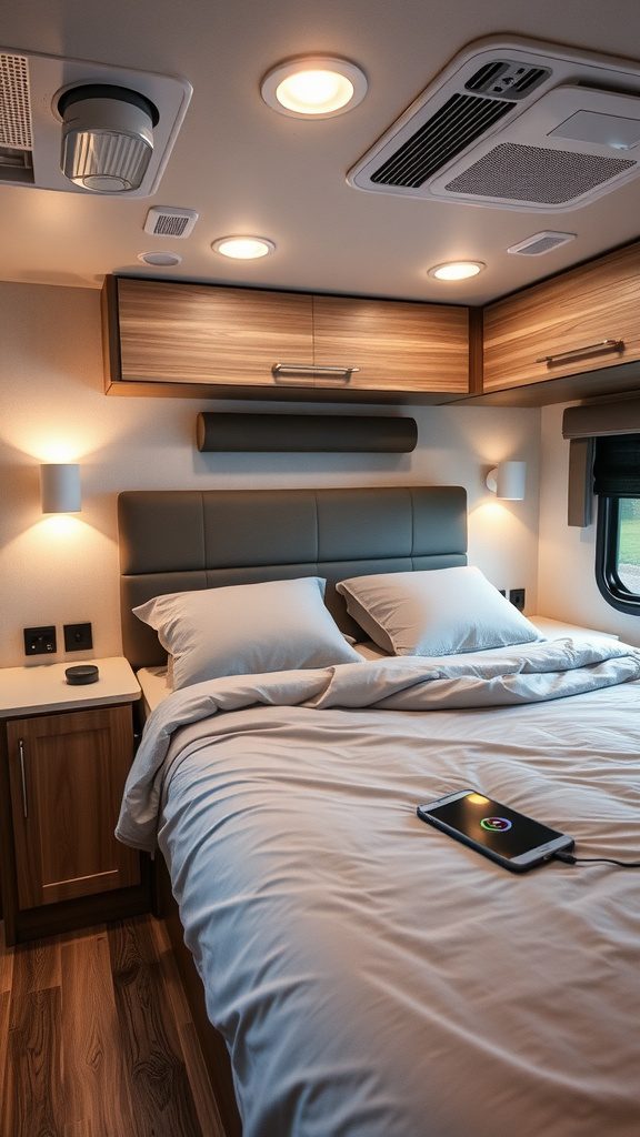 A cozy RV bedroom featuring modern technology, including smart lighting and a bedside speaker.