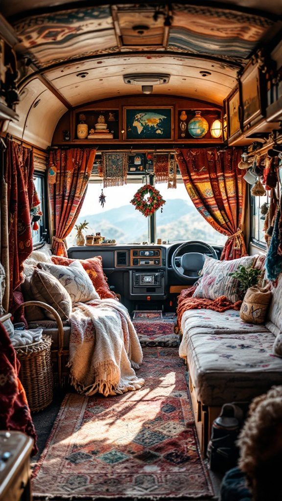 Cozy RV interior decorated with global textiles and patterns, showcasing vibrant curtains, cushions, and a patterned rug.