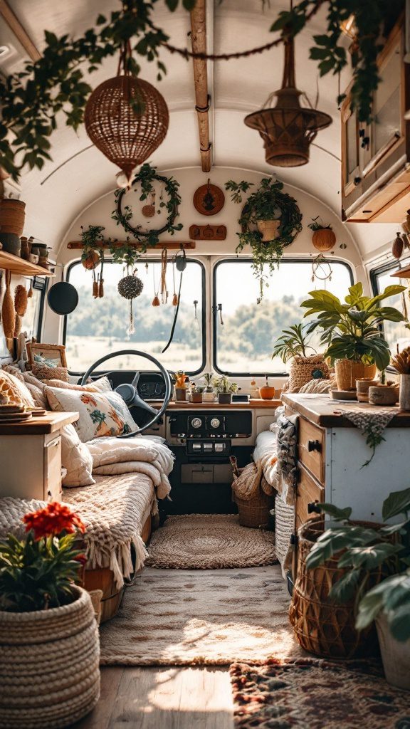 Interior of a boho chic RV with handmade crafts, plants, and cozy textiles.
