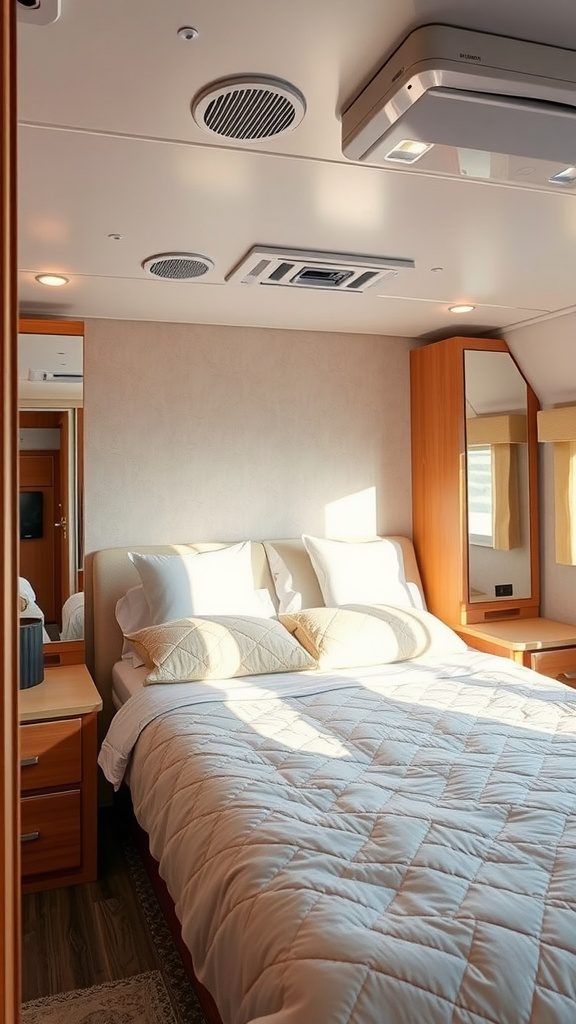 Cozy RV bedroom featuring a large bed, pillows, warm lighting, and a strategically placed mirror.
