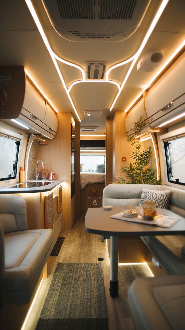 Interior view of a modern RV showcasing various lighting solutions and a cozy design.