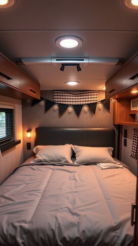 Cozy RV bedroom with layered lighting, featuring wall sconces and decorative elements.
