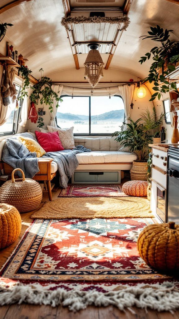 Beautifully decorated RV interior featuring layered rugs, poufs, and plants, creating a cozy boho chic atmosphere.