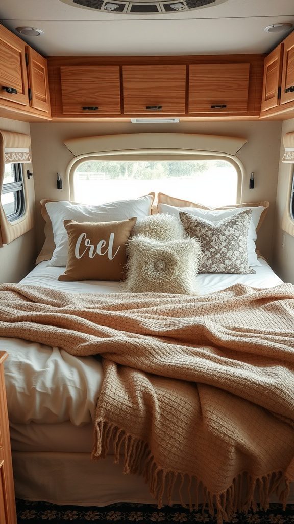 Cozy RV bedroom with layered textiles including pillows and blankets