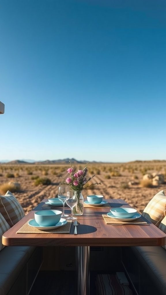 A well-set table in a camper with lightweight blue tableware, glasses, and a vase of flowers, overlooking a vast desert landscape.