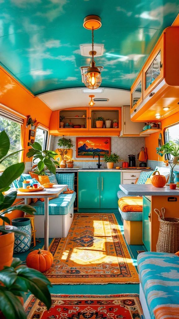 Interior of a vibrant and colorful RV with teal and orange decor, plants, and warm lighting.