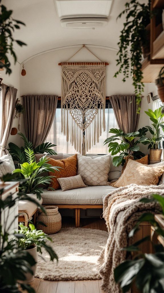 Cozy RV interior featuring a macrame wall hanging, plants, and comfortable seating