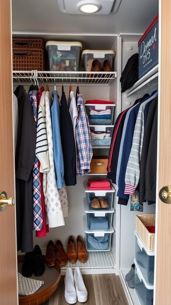 An organized RV closet with hanging clothes, storage bins, and shoes.