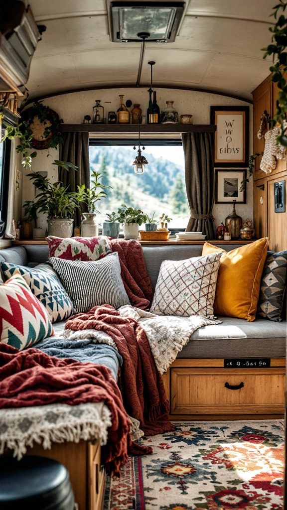 Cozy RV interior featuring a mix of colorful pillows, blankets, and plants for a boho chic vibe.