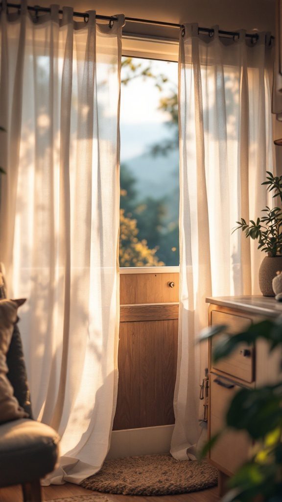 Bright RV interior with sheer curtains letting in natural light and a view of nature outside.