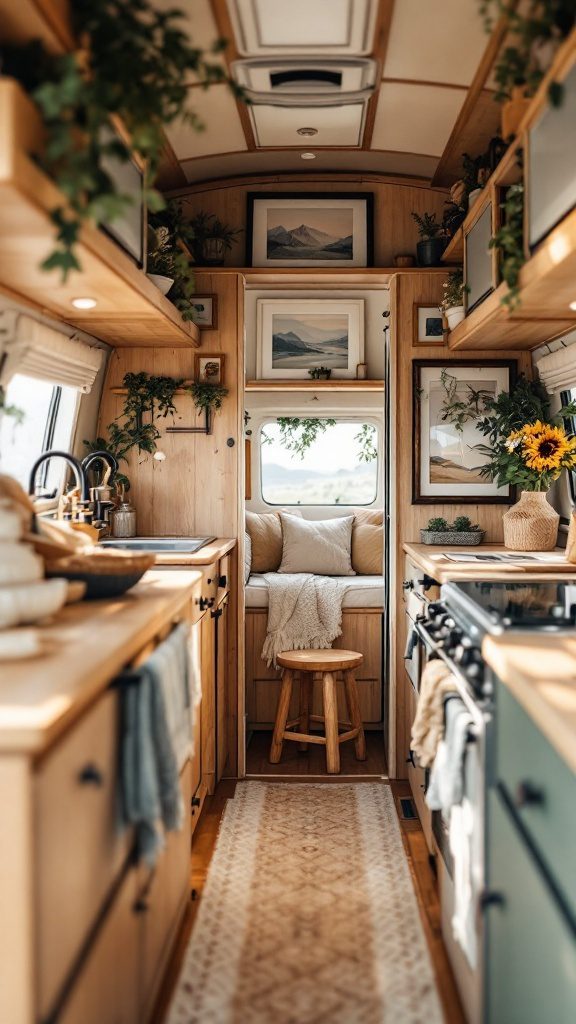 Cozy RV interior with natural wood accents, soft textiles, and greenery