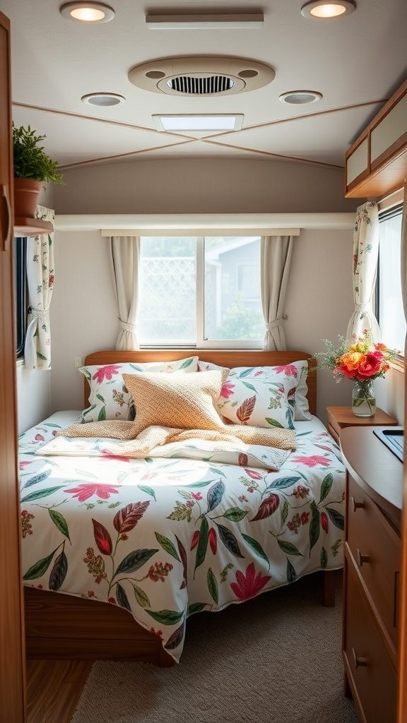 Cozy RV bedroom featuring nature-inspired floral bedding, potted plants, and warm lighting.