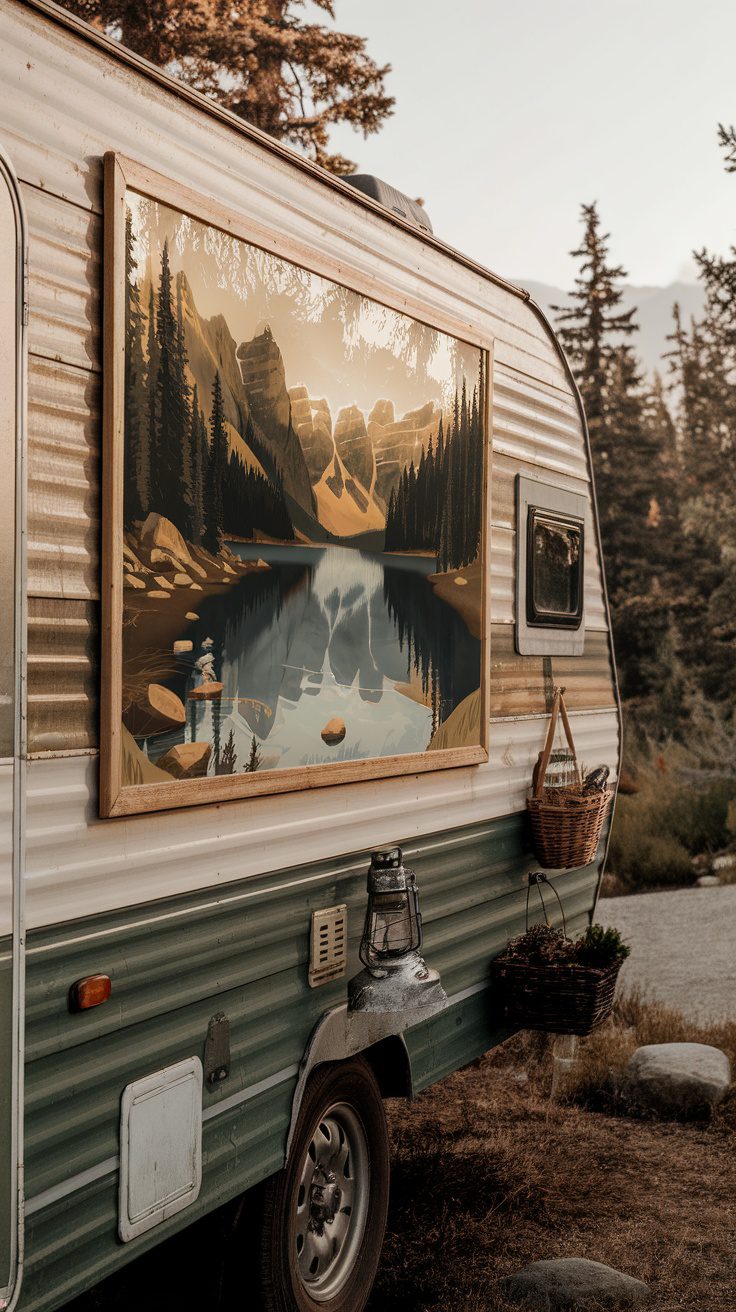 RV with nature-inspired wall art depicting mountains and a lake