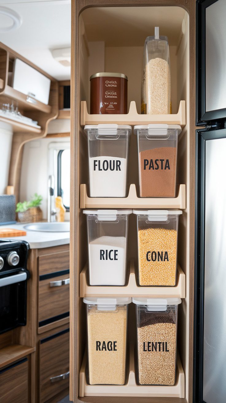 Organized RV pantry with clear containers and labeled items