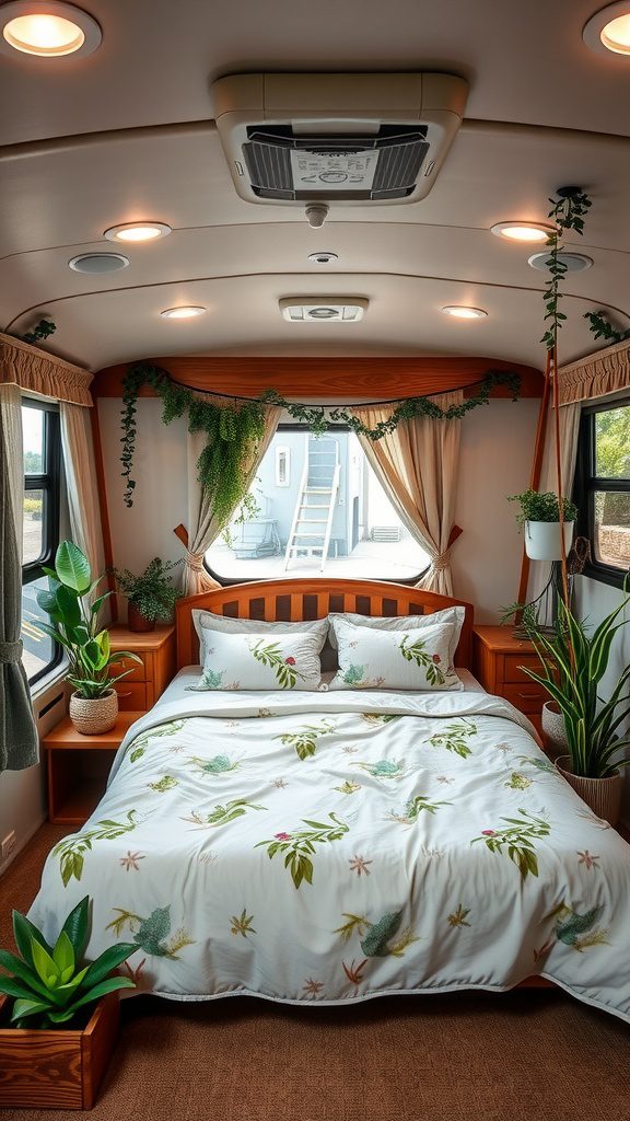 A cozy RV bedroom with botanical-themed bedding and indoor plants that create an outdoor-inspired decor.
