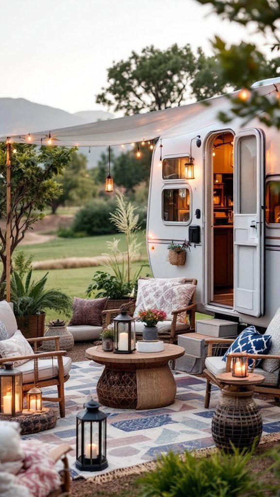 A cozy outdoor RV setup featuring string lights, comfortable seating, and natural decor elements.