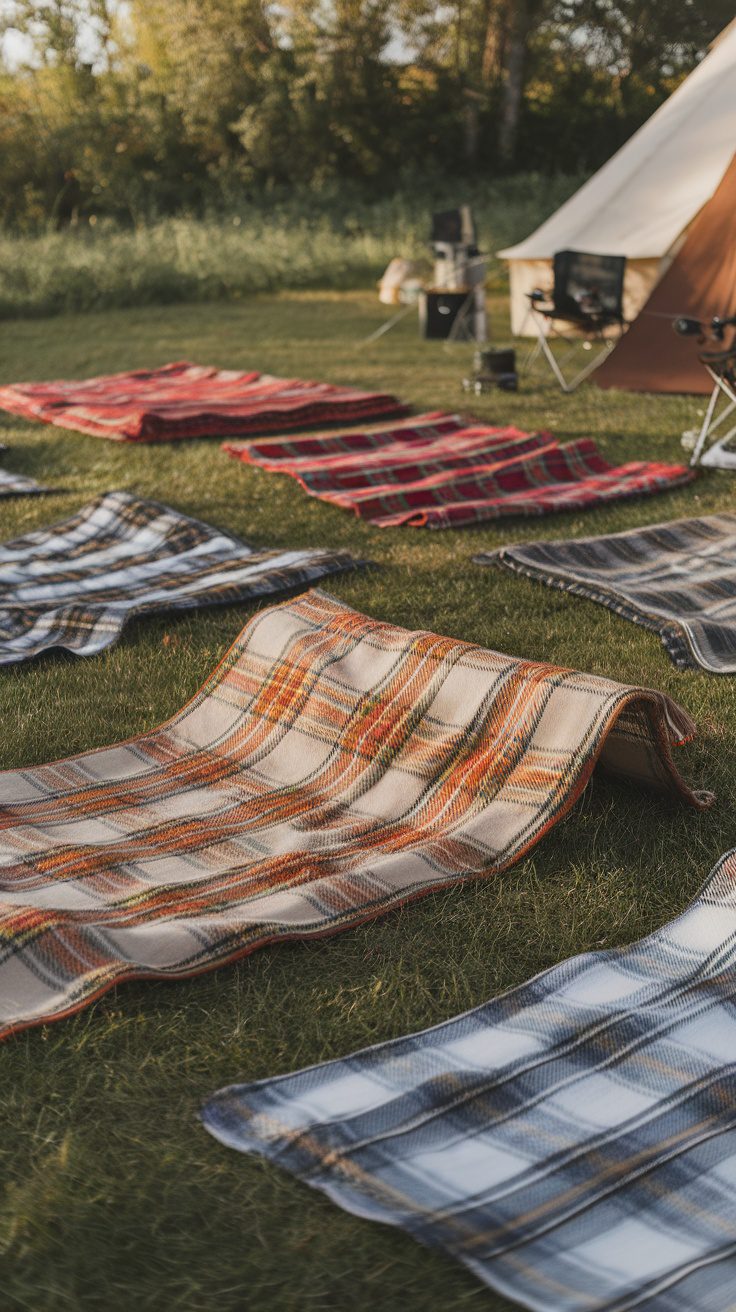A variety of blankets laid out on grass at a campsite, featuring different colors and patterns