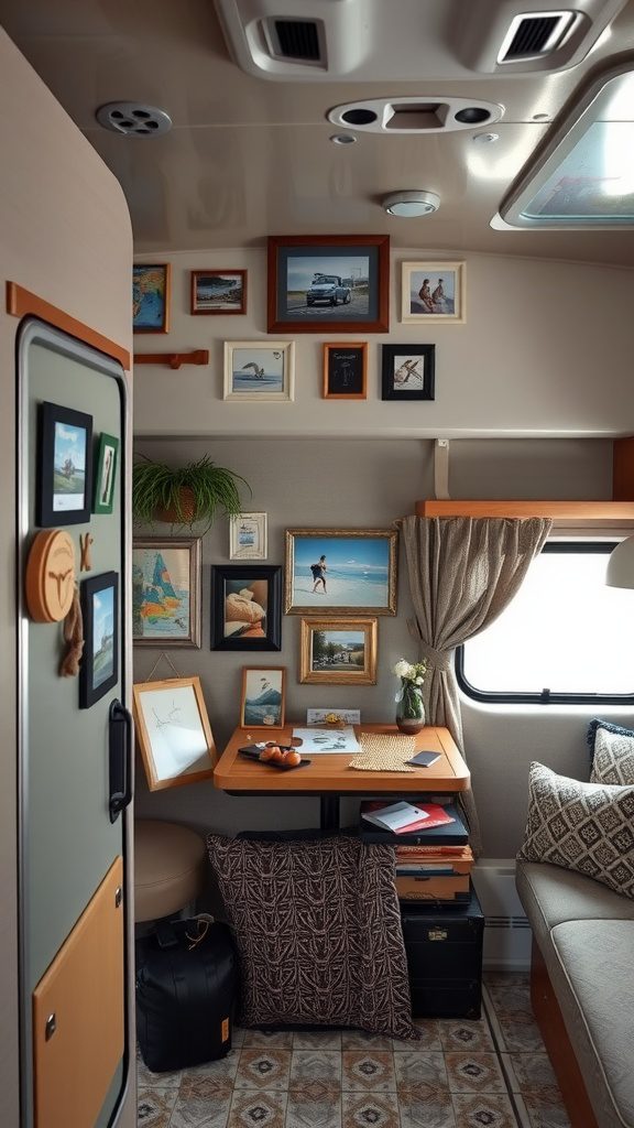 Interior of a cozy RV featuring framed travel photos, a small plant, and an organized workspace.