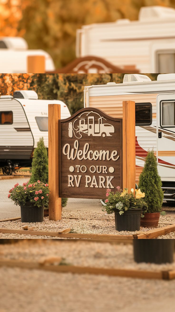 A personalized welcome sign at an RV park entrance, surrounded by flowers and greenery.