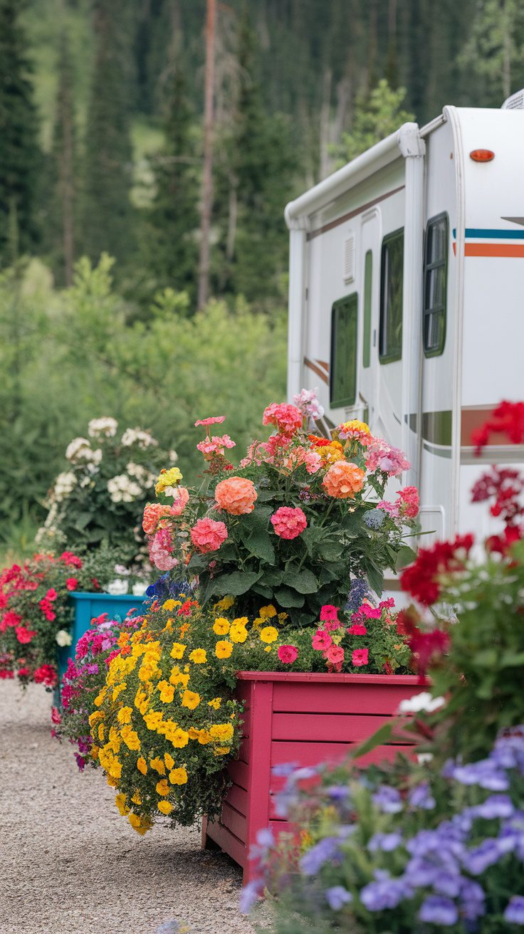 Colorful flower planters at an RV campsite with various flowers in bloom.