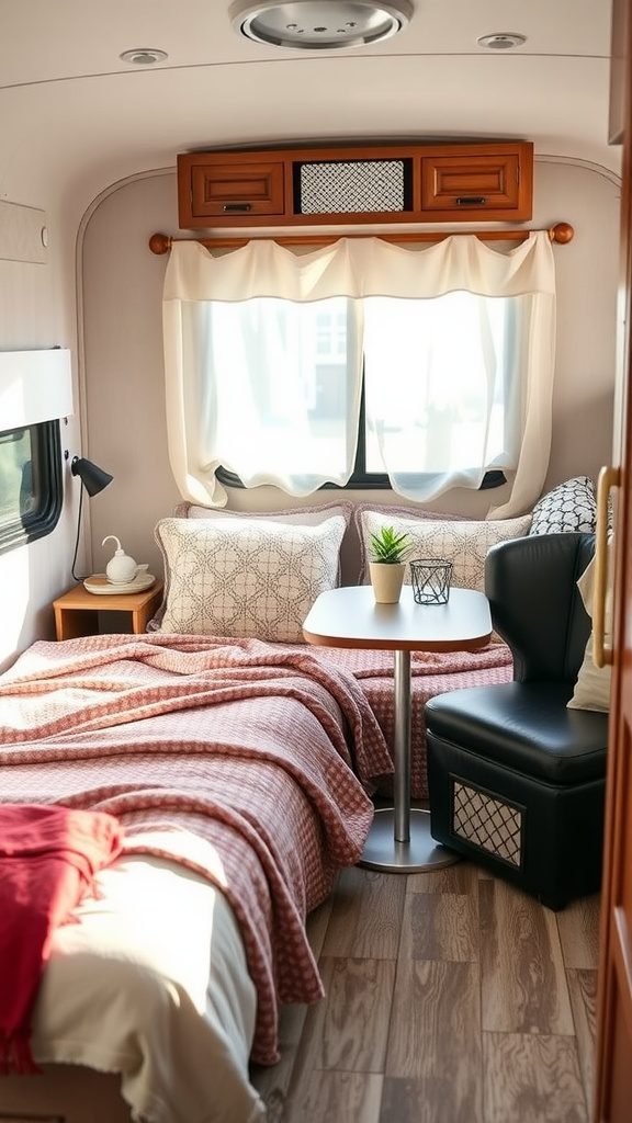 Cozy RV bedroom with a neatly made bed, soft blankets, a small table with a plant, and a comfortable chair.