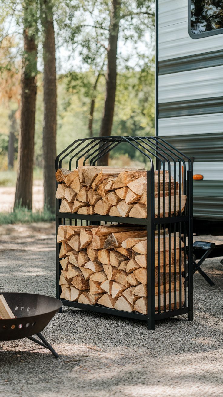A portable firewood rack filled with neatly stacked logs beside an RV in a forested campsite.