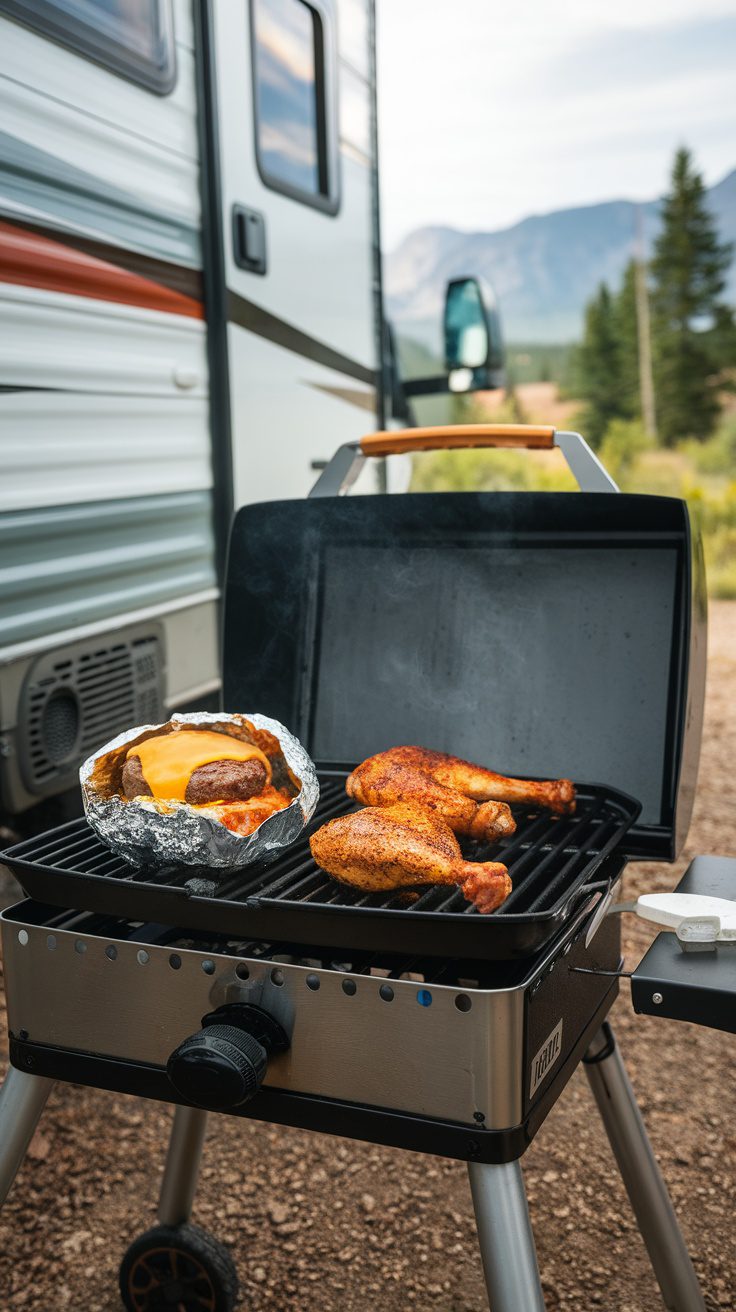A portable grill with chicken legs and a foil-wrapped dish cooking outdoors near an RV.